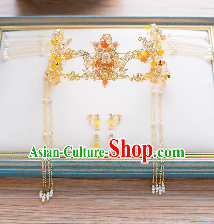 Chinese Traditional Palace Hair Accessories Xiuhe Suit Golden Butterfly Phoenix Coronet Ancient Hairpins Complete Set for Women