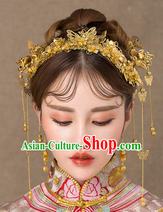 Chinese Traditional Palace Hair Accessories Ancient Hairpins Xiuhe Suit Golden Butterfly Phoenix Coronet Complete Set for Women