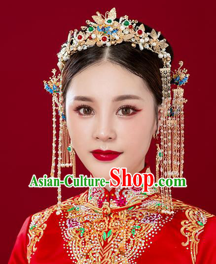 Chinese Traditional Palace Hair Accessories Ancient Hairpins Xiuhe Suit Pearls Phoenix Coronet Complete Set for Women