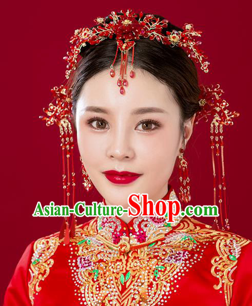 Chinese Traditional Palace Hair Accessories Red Phoenix Coronet Ancient Hairpins Xiuhe Suit Tassel Step Shake Complete Set for Women