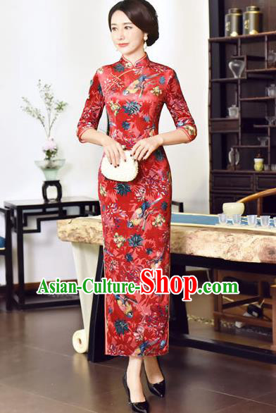 Top Grade Chinese National Costume Red Velvet Qipao Dress Traditional Tang Suit Cheongsam for Women