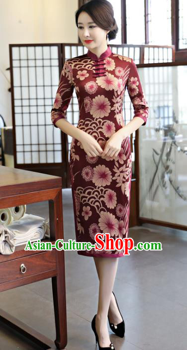 Top Grade Chinese Amaranth Watered Gauze Qipao Dress National Costume Traditional Mandarin Cheongsam for Women