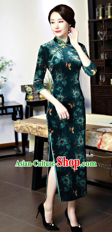 Top Grade Chinese National Costume Green Pleuche Qipao Dress Traditional Tang Suit Cheongsam for Women