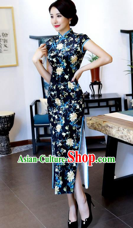Top Grade Chinese National Costume Navy Pleuche Qipao Dress Traditional Tang Suit Cheongsam for Women