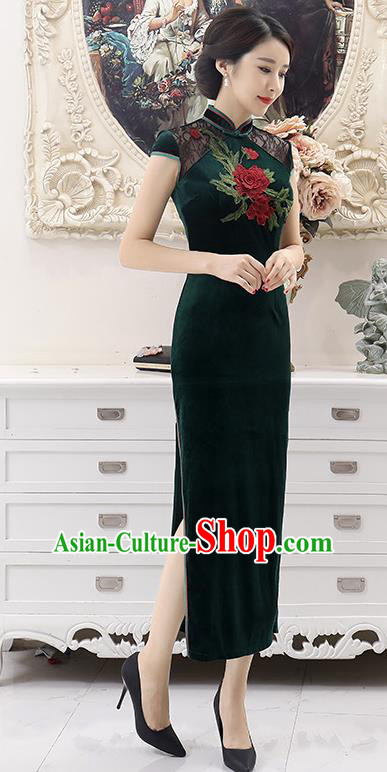 Top Grade Chinese National Costume Green Pleuche Qipao Dress Traditional Lace Cheongsam for Women