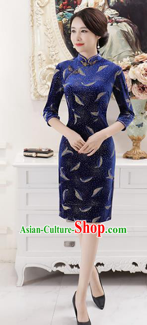 Top Grade Chinese National Costume Royalblue Qipao Dress Traditional Lace Cheongsam for Women