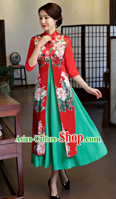 Chinese National Costume Handmade Printing Peony Two-pieces Red Qipao Dress Traditional Cheongsam for Women