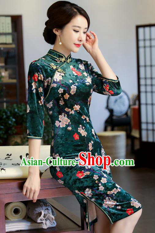 Chinese National Costume Handmade Printing Plum Blossom Green Velvet Qipao Dress Traditional Cheongsam for Women