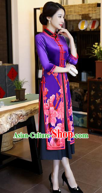 Chinese National Costume Handmade Qipao Dress Traditional Printing Blue Tang Suit Cheongsam for Women