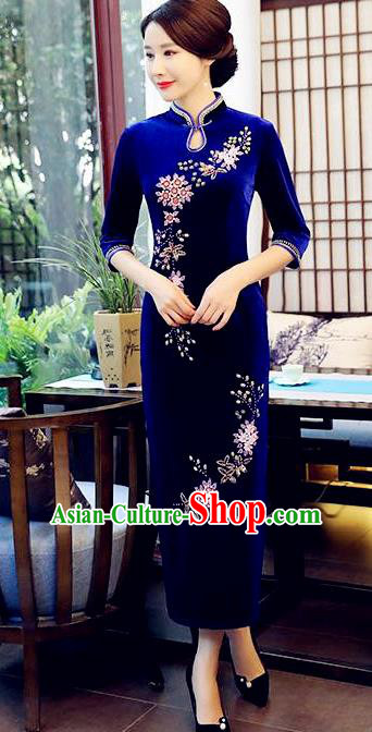 Top Grade Chinese Beading Embroidery Royalblue Qipao Dress National Costume Traditional Mandarin Cheongsam for Women