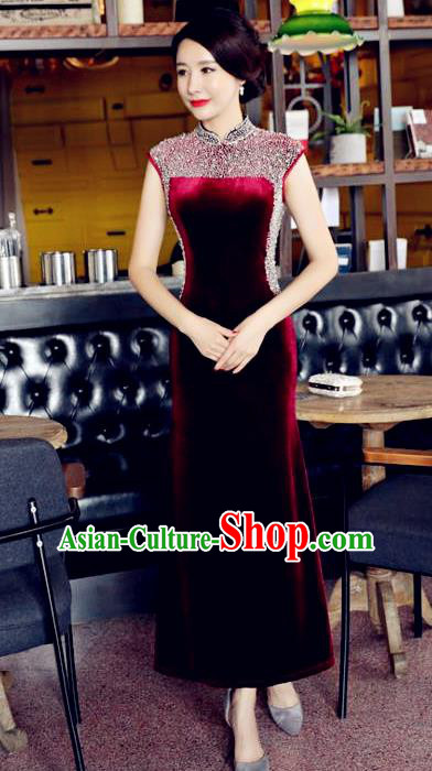 Chinese National Costume Handmade Qipao Dress Traditional Tang Suit Diamante Wine Red Velvet Cheongsam for Women