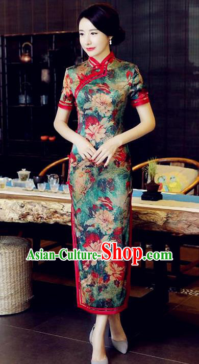 Chinese National Costume Handmade Tang Suit Qipao Dress Traditional Printing Green Cheongsam for Women
