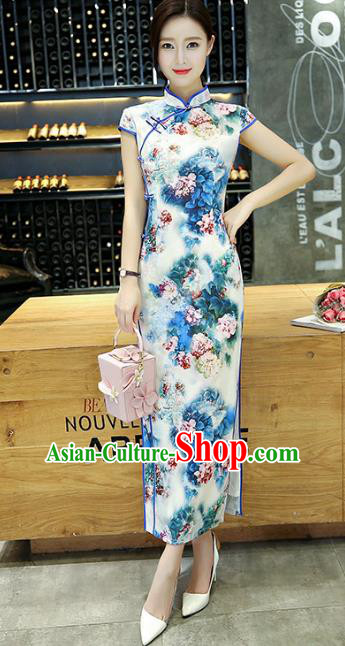 Chinese National Costume Handmade Silk Tang Suit Qipao Dress Traditional Ink Painting Peony Blue Cheongsam for Women
