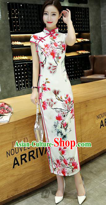 Chinese National Costume Tang Suit Qipao Dress Traditional Printing Mangnolia Cheongsam for Women