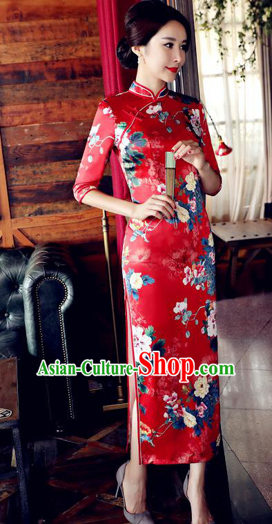 Chinese National Costume Handmade Qipao Dress Traditional Tang Suit Printing Red Watered Gauze Cheongsam for Women