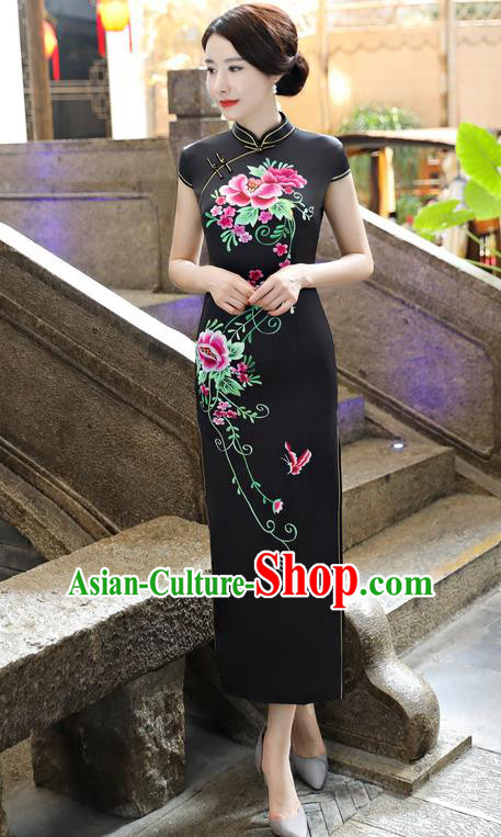 Chinese National Costume Tang Suit Silk Qipao Dress Traditional Printing Peony Black Cheongsam for Women