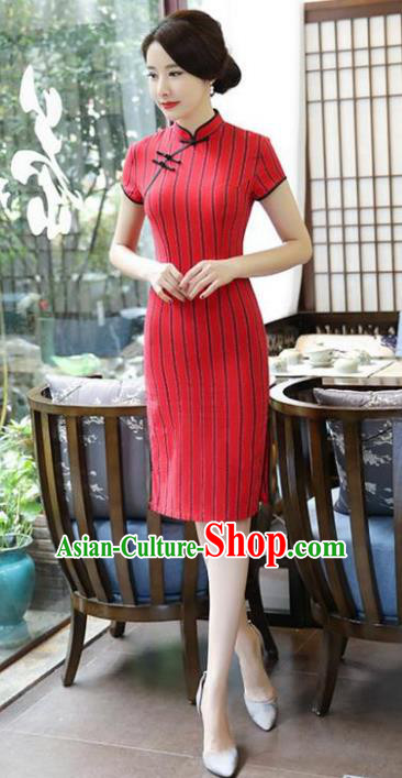 Chinese National Costume Tang Suit Qipao Dress Traditional Red Linen Cheongsam for Women