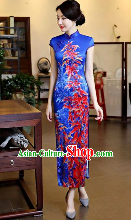 Chinese National Costume Tang Suit Qipao Dress Traditional Printing Maple Leaf Blue Cheongsam for Women