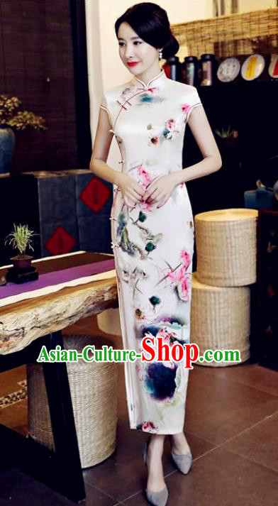 Chinese National Costume Tang Suit Qipao Dress Traditional Printing Lotus Flower Cheongsam for Women