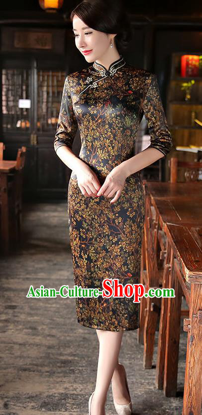 Chinese National Costume Tang Suit Retro Qipao Dress Traditional Printing Cheongsam for Women