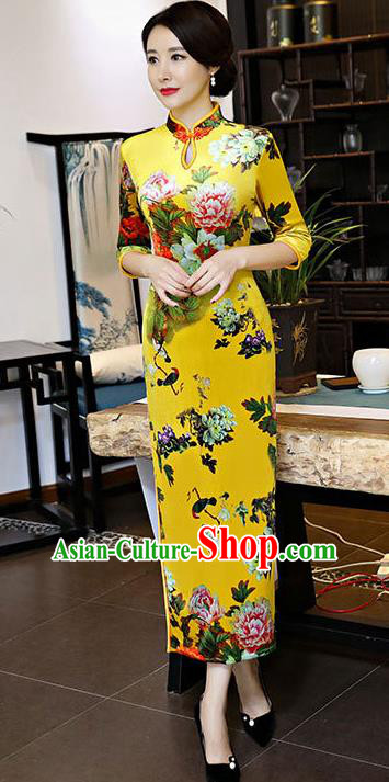 Chinese National Costume Handmade Yellow Qipao Dress Traditional Tang Suit Printing Silk Cheongsam for Women