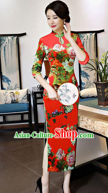 Chinese National Costume Handmade Red Qipao Dress Traditional Tang Suit Printing Silk Cheongsam for Women