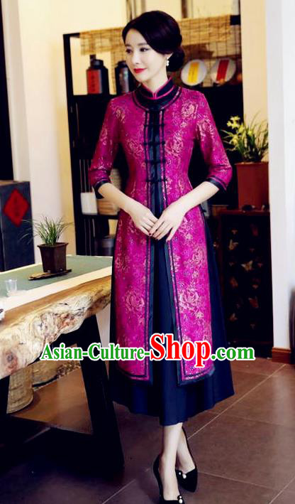 Chinese National Costume Handmade Rosy Qipao Dress Traditional Tang Suit Two-pieces Cheongsam for Women