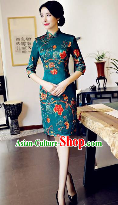 Chinese National Costume Handmade Tang Suit Green Qipao Dress Traditional Printing Flowers Cheongsam for Women