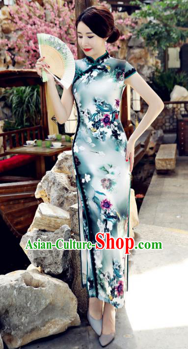 Chinese National Costume Handmade Tang Suit Qipao Dress Traditional Printing Green Silk Cheongsam for Women
