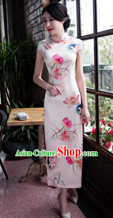 Chinese National Costume Retro Printing Lotus Pink Satin Qipao Dress Traditional Republic of China Tang Suit Cheongsam for Women