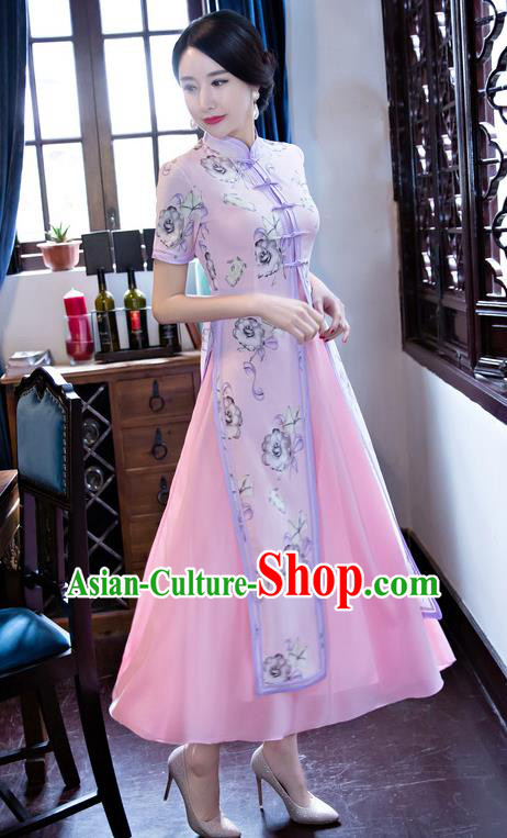 Chinese National Costume Retro Printing Pink Qipao Dress Traditional Republic of China Tang Suit Cheongsam for Women