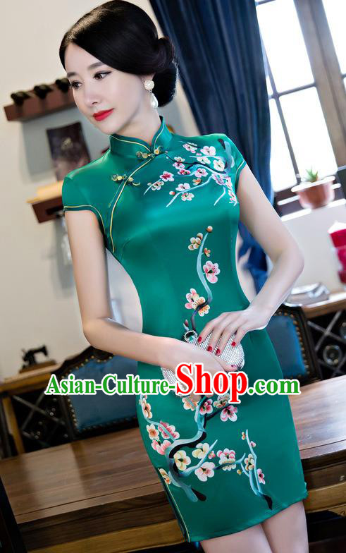 Chinese Top Grade Retro Green Silk Qipao Dress Traditional Republic of China Tang Suit Short Cheongsam for Women