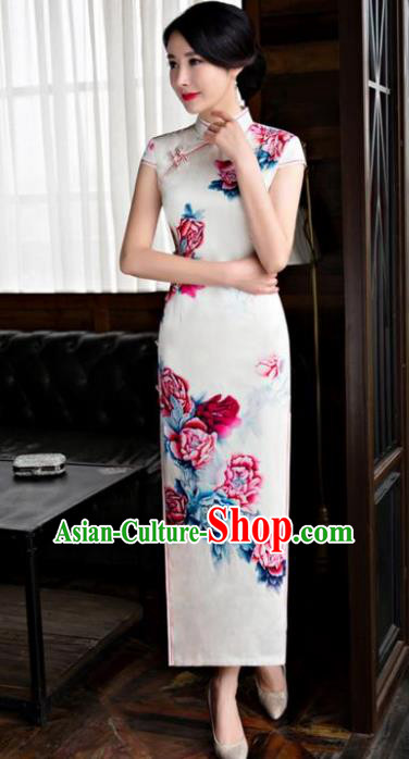 Chinese Top Grade Retro Qipao Dress Traditional Republic of China Tang Suit Printing Peony Silk Cheongsam for Women