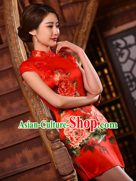 Chinese National Costume Tang Suit Printing Peony Red Silk Qipao Dress Traditional Wedding Cheongsam for Women