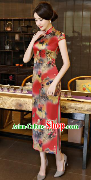 Chinese National Costume Tang Suit Printing Lotus Red Qipao Dress Traditional Republic of China Cheongsam for Women