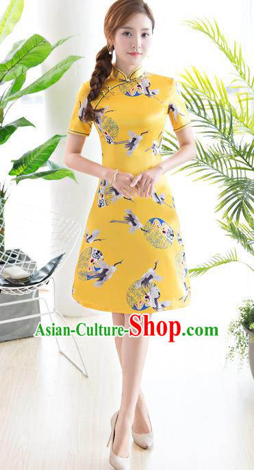 Chinese National Costume Tang Suit Printing Crane Yellow Qipao Dress Traditional Republic of China Cheongsam for Women