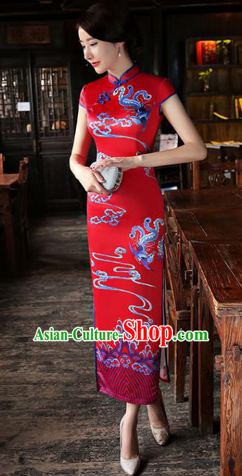 Chinese National Costume Tang Suit Qipao Dress Traditional Republic of China Red Silk Cheongsam for Women