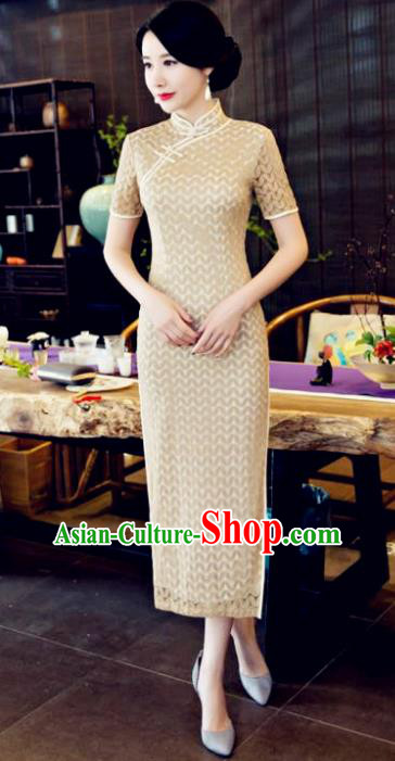 Chinese National Costume Tang Suit Qipao Dress Traditional Republic of China Apricot Cheongsam for Women