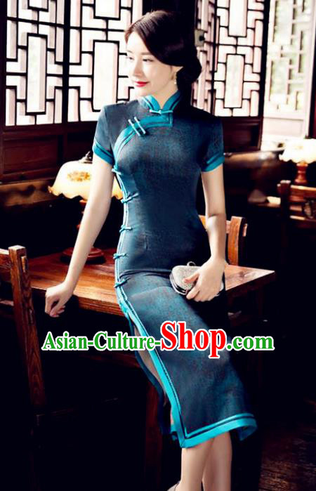 Chinese National Costume Tang Suit Qipao Dress Traditional Republic of China Peacock Green Cheongsam for Women