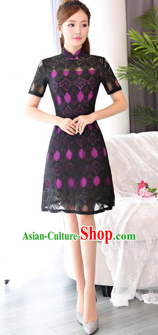 Chinese National Costume Tang Suit Black Lace Qipao Dress Traditional Republic of China Cheongsam for Women