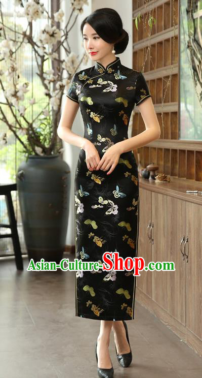 Chinese National Costume Tang Suit Qipao Dress Traditional Republic of China Black Brocade Cheongsam for Women