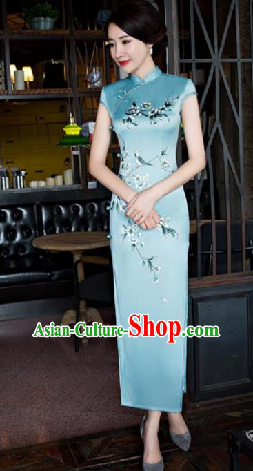 Chinese National Costume Tang Suit Plum Blossom Qipao Dress Traditional Republic of China Blue Silk Cheongsam for Women