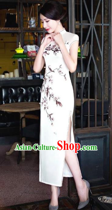 Chinese National Costume Tang Suit Plum Blossom Qipao Dress Traditional Republic of China White Silk Cheongsam for Women