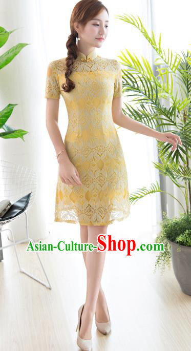 Chinese National Costume Tang Suit Yellow Lace Qipao Dress Traditional Republic of China Cheongsam for Women