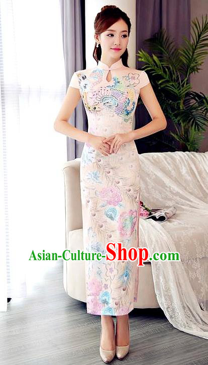 Chinese National Costume Tang Suit Qipao Dress Traditional Republic of China Printing Pink Cheongsam for Women