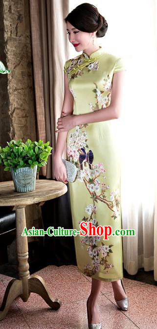 Chinese National Costume Retro Printing Yellow Silk Qipao Dress Traditional Republic of China Tang Suit Cheongsam for Women