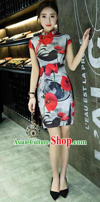 Chinese Top Grade Retro Printing Grey Short Qipao Dress Traditional Republic of China Tang Suit Cheongsam for Women