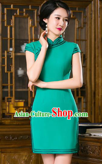 Chinese Top Grade Retro Deep Green Short Qipao Dress Traditional Republic of China Tang Suit Cheongsam for Women