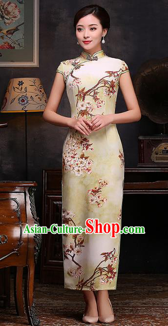 Chinese Top Grade Retro Printing Yellow Qipao Dress Traditional Republic of China Tang Suit Cheongsam for Women