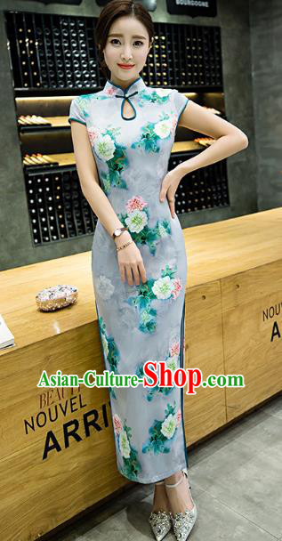 Chinese Top Grade Retro Printing Flowers Green Qipao Dress Traditional Republic of China Tang Suit Cheongsam for Women